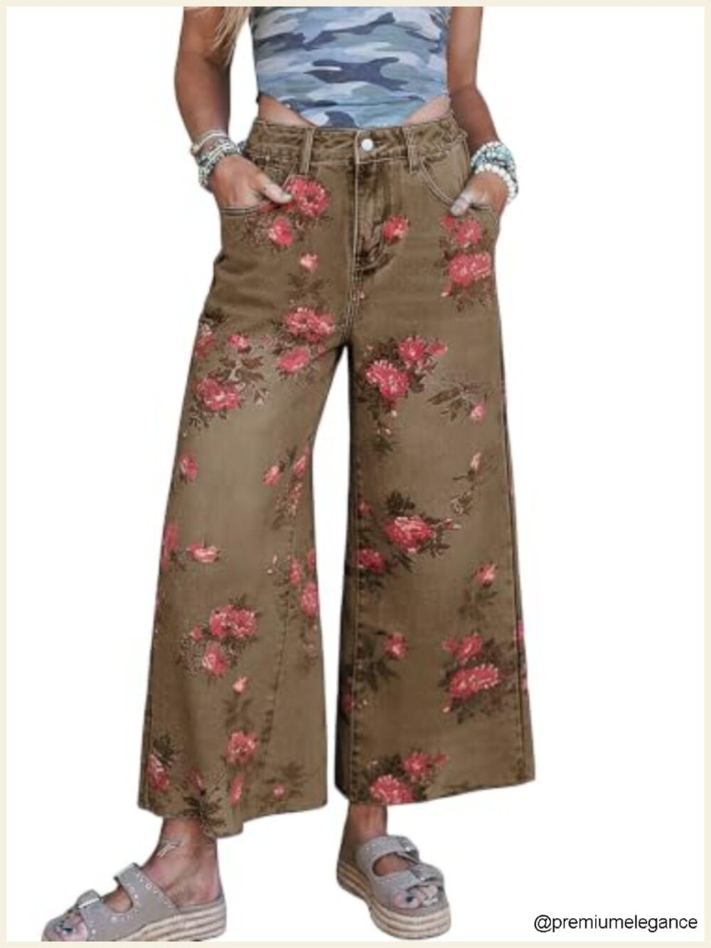 Floral Pattern Wide Leg Mid Rise Cropped Denim Jeans Y2k Stretchy